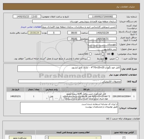 استعلام کابل خود نگهدار 25+25+70*4  - مارک کابل مشهد