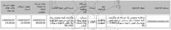 مناقصه عمومی یک مرحله ای واگذاری کلیه عملیات برق رسانی در حوزه امور توزیع برق فومن (حوزه شهری) 1400-95