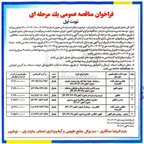 مناقصه، مناقصه اجرای عملیات گشت و مراقبت از عرصه های منابع طبیعی
