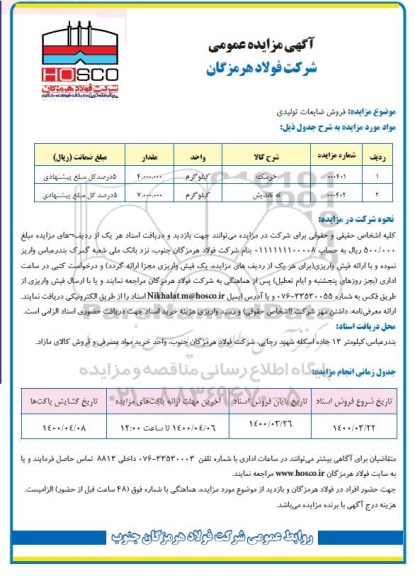 مزایده فروش ضایعات تولیدی 