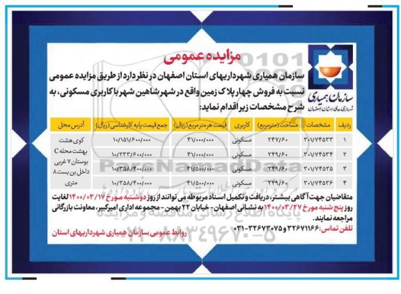 مزایده،مزایده فروش چهار پلاک زمین مسکونی 