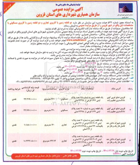 مزایده فروش دو قطعه زمین با کاربری تجاری و دو قطعه زمین با کاربری مسکونی