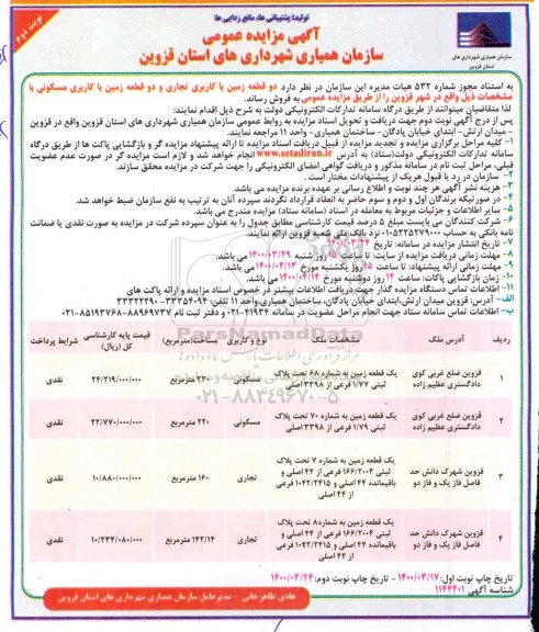 مزایده فروش دو قطعه زمین با کاربری تجاری و دو قطعه زمین با کاربری مسکونی 