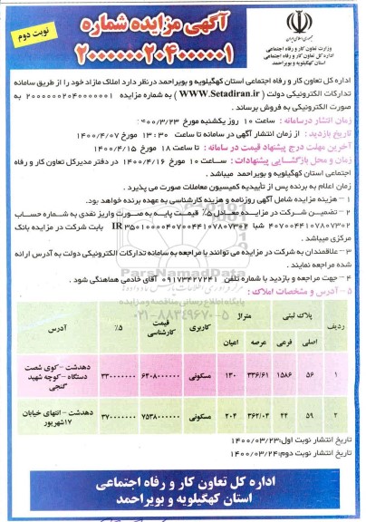 مزایده مزایده فروش املاک مازاد کاربری مسکونی نوبت دوم 