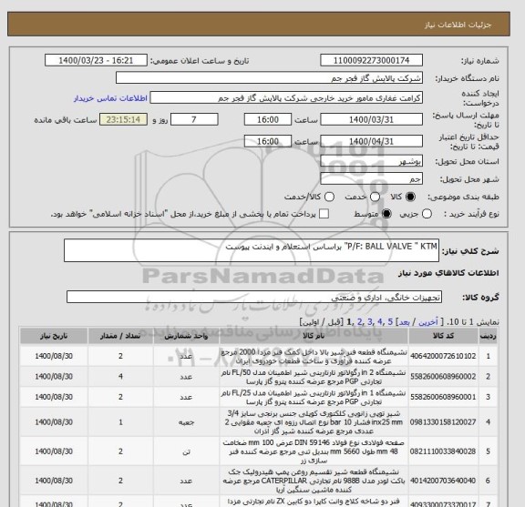 استعلام P/F: BALL VALVE " KTM" براساس استعلام و ایندنت پیوست