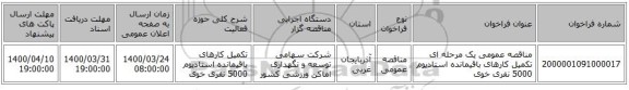 مناقصه عمومی یک مرحله ای تکمیل کارهای باقیمانده استادیوم 5000 نفری خوی
