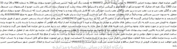 آگهی مزایده خودرو سواری پژو 206