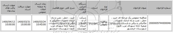 مناقصه عمومی یک مرحله ای خرید ، حمل ، نصب و راه اندازی تجهیزات مکانیکی و برقی و بازسازی تاسیسات تصفیه خانه شهدای غرب کارون شهرستان خرمشهر