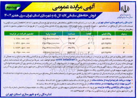 مزایده،مزایده فروش خانه های سازمانی نوبت دوم