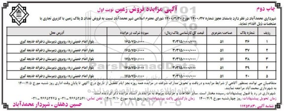 مزایده ،مزایده فروش تعداد 5 پلاک زمین با کاربری تجاری چاپ دوم نوبت اول