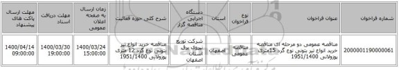 مناقصه عمومی دو مرحله ای مناقصه خرید انواع تیر بتونی نوع گرد 15متری پوزولانی 1951/1400