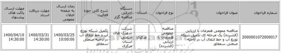 مناقصه عمومی همزمان با ارزیابی (فشرده) یک مرحله ای تکمیل شبکه توزیع آب و خط انتقال آب در ناحیه صنعتی سمقاور 