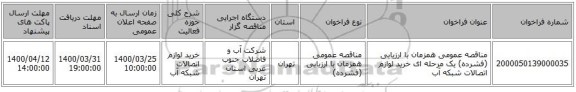 مناقصه عمومی همزمان با ارزیابی (فشرده) یک مرحله ای خرید لوازم اتصالات شبکه آب