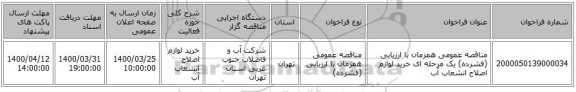 مناقصه عمومی همزمان با ارزیابی (فشرده) یک مرحله ای خرید لوازم اصلاح انشعاب آب