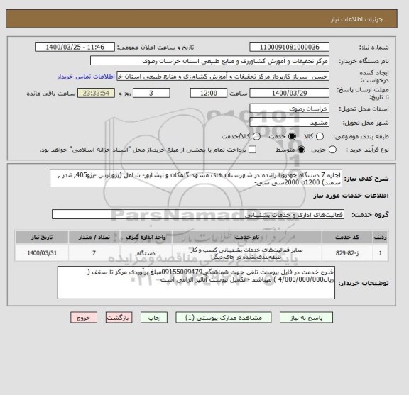 استعلام اجاره 7 دستگاه خودروبا راننده در شهرستان های مشهد گلمکان و نیشابور- شامل (پژوپارس -پژو405, تندر , سمند) 1200تا 2000سی سی- 