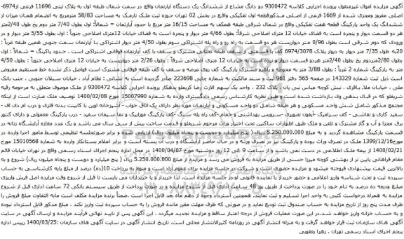 آگهی مزایده ششدانگ یک دستگاه اپارتمان واقع در سمت شمال طبقه اول به پلاک ثبتی 11696 فرعی از6974- اصلی