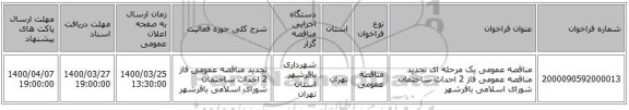 مناقصه عمومی یک مرحله ای تجدید مناقصه عمومی فاز 2 احداث ساختمان شورای اسلامی باقرشهر 