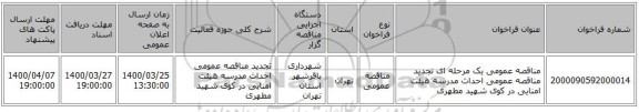 مناقصه عمومی یک مرحله ای تجدید مناقصه عمومی احداث مدرسه هیئت امنایی در کوی شهید مطهری 