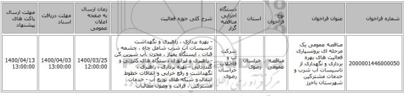 مناقصه عمومی یک مرحله ای برونسپاری فعالیت های بهره برداری و نگهداری از تاسیسات آب شرب و خدمات مشترکین شهرستان باخرز