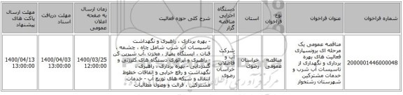 مناقصه عمومی یک مرحله ای برونسپاری فعالیت های بهره برداری و نگهداری از تاسیسات آب شرب و خدمات مشترکین شهرستان رشتخوار  