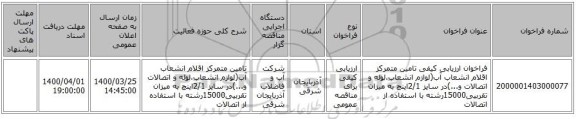 فراخوان ارزیابی کیفی تامین متمرکز اقلام انشعاب آب(لوازم انشعاب،لوله و اتصالات و...)در سایز 2/1اینچ به میزان تقربیی15000رشته با استفاده از اتصالات 