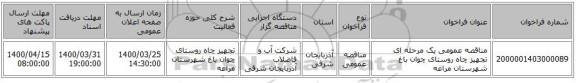 مناقصه عمومی یک مرحله ای تجهیز چاه روستای چوان باغ شهرستان مراغه