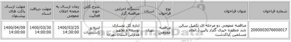 مناقصه عمومی دو مرحله ای تکمیل سالن چند منظوره خیری گلزار پائین ( اتحاد مسلمین )پاکدشت