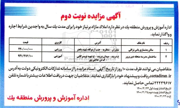 مزایده واگذاری املاک مازاد نوبت دوم