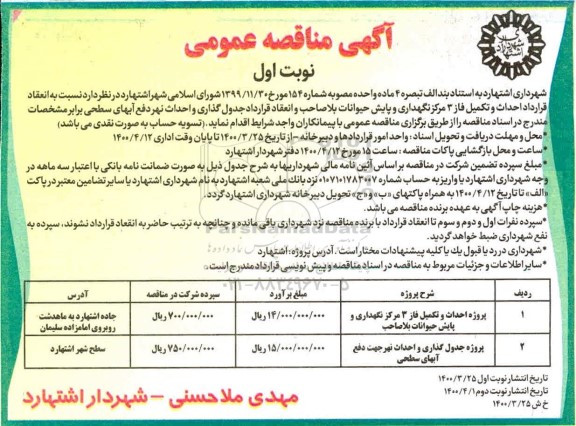 مناقصه ،مناقصه پروژه احداث و تکمیل فاز 3 مرکز نگهداری و پایش حیوانات ...