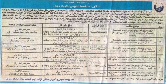 مناقصه، مناقصه برون سپاری فعالیتهای بهره برداری و نگهداری از تاسیسات آب شرب ...- نوبت دوم 