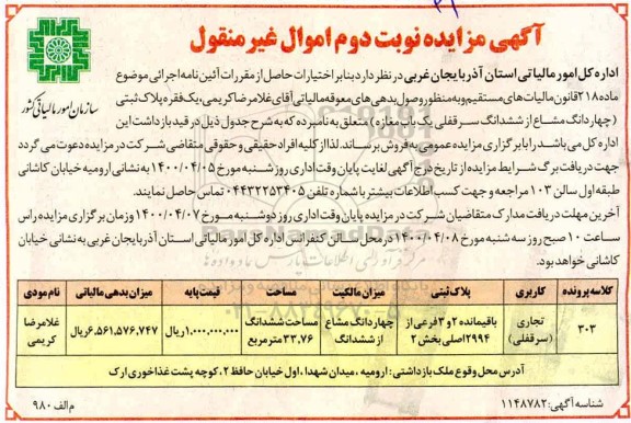 مزایده مزایده فروش یک فقره پلاک ثبتی تجاری