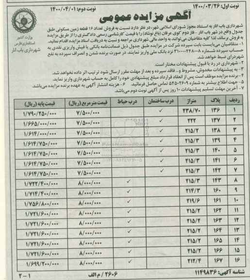 مزایده،مزایده فروش 16 قطعه زمین مسکونی نوبت اول