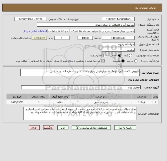 استعلام لایروبی، کف شکنی، لوله گذاری و آزمایش پمپاژ چاه آب شرب شماره 4 شهر شاندیز  