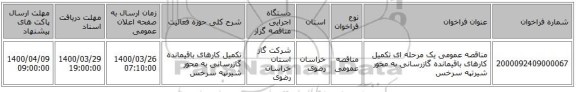 مناقصه عمومی یک مرحله ای تکمیل کارهای باقیمانده گازرسانی به محور شیرتپه سرخس
