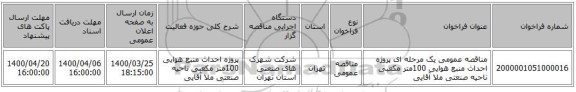 مناقصه عمومی یک مرحله ای پروژه احداث منبع هوایی 100متر مکعبی ناحیه صنعتی ملا آقایی