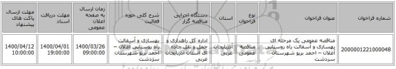 مناقصه عمومی یک مرحله ای بهسازی و آسفالت راه روستایی آغلان – احمد بریو شهرستان سردشت