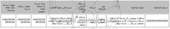 مناقصه عمومی یک مرحله ای اصلاح شبکه و انشعابات گاز و ابزار دقیق و حفاظت از زنگ ... ناحیه خواف