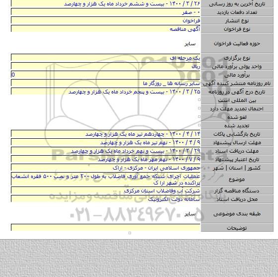عملیات اجرای شبکه جمع آوری فاضلاب به طول ۲۰۰ متر و نصب ۵۰۰ فقره انشعاب پراکنده در شهر ارا ک