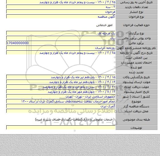 انجام امور خدمات نظافت ساختمان‏های ستادی گمرک ایران در سال ۱۴۰۰