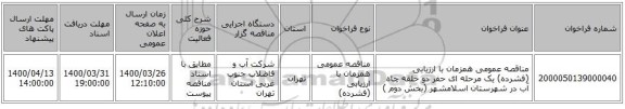 مناقصه عمومی همزمان با ارزیابی (فشرده) یک مرحله ای حفر دو حلقه چاه آب در شهرستان اسلامشهر  (بخش دوم )