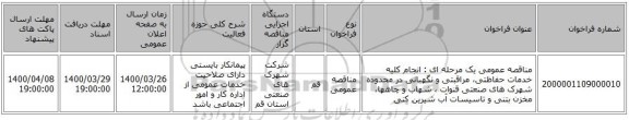 مناقصه عمومی یک مرحله ای : انجام کلیه خدمات حفاظتی، مراقبتی و نگهبانی در محدوده شهرک های صنعتی قنوات ، شهاب و چاهها، مخزن بتنی و تاسیسات آب شیرین کنی 