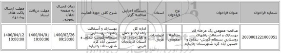مناقصه عمومی یک مرحله ای بهسازی و آسفالت راههای روستایی بسطام-گورش- بندلی و حسین آباد کرد شهرستان چایپاره