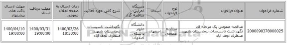 مناقصه عمومی یک مرحله ای نگهداشت تاسیسات بیمارستان شهید منتظری نجف اباد