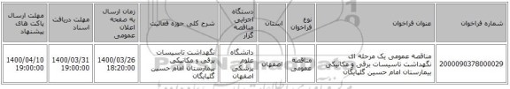 مناقصه عمومی یک مرحله ای نگهداشت تاسیسات برقی و مکانیکی بیمارستان امام حسین گلپایگان 