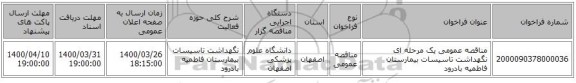 مناقصه عمومی یک مرحله ای نگهداشت تاسیسات بیمارستان فاطمیه بادرود