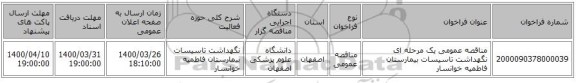 مناقصه عمومی یک مرحله ای نگهداشت تاسیسات بیمارستان فاطمیه خوانسار