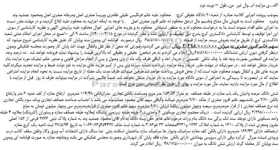 مزایده، مزایده فروش شش دانگ عرصه واعیان یک باب مغازه