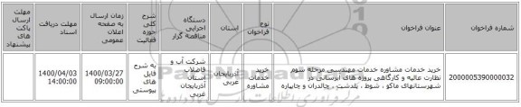 خرید خدمات مشاوره خدمات مهندسی مرحله سوم نظارت عالیه و کارگاهی پروژه های آبرسانی در شهرستانهای ماکو ، شوط ، پلدشت ، چالدران و چایپاره