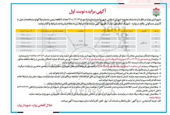 مزایده،مزایده فروش 5 قطعه زمین مسکونی نوبت اول
