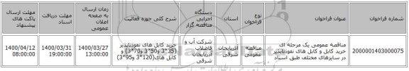 مناقصه عمومی یک مرحله ای خرید کابل و کابل های نفوذناپذیر در سایزهای مختلف طبق اسناد